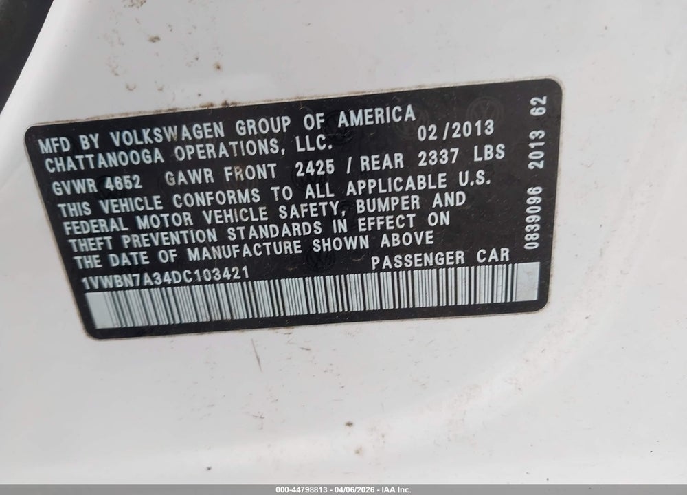2013 VOLKSWAGEN PASSAT 2.0L TDI SE VIN: 1VWBN7A34DC103421