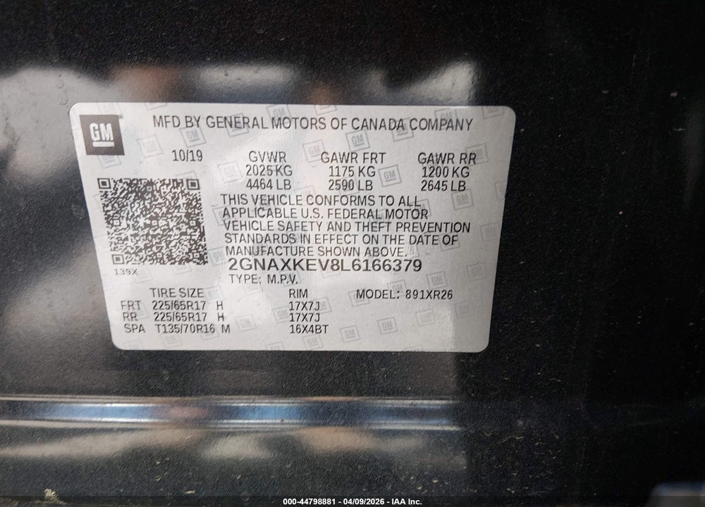 2020 CHEVROLET EQUINOX FWD LT 1.5L TURBO VIN: 2GNAXKEV8L6166379
