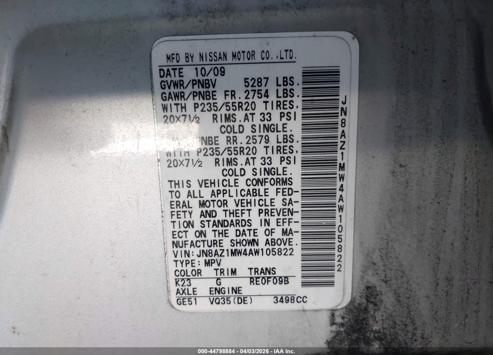 2010 NISSAN MURANO LE VIN: JN8AZ1MW4AW105822