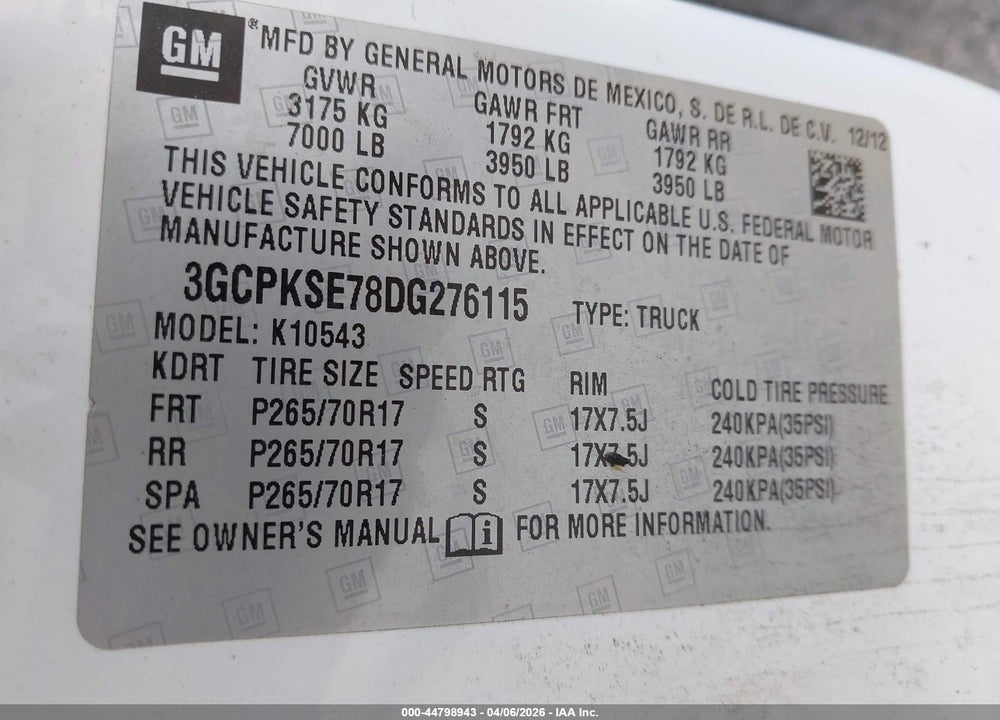 2013 CHEVROLET SILVERADO 1500 LT VIN: 3GCPKSE78DG276115