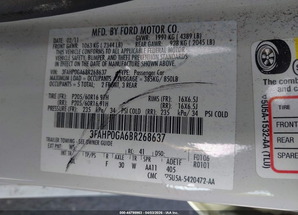 2011 FORD FUSION S VIN: 3FAHP0GA6BR268637