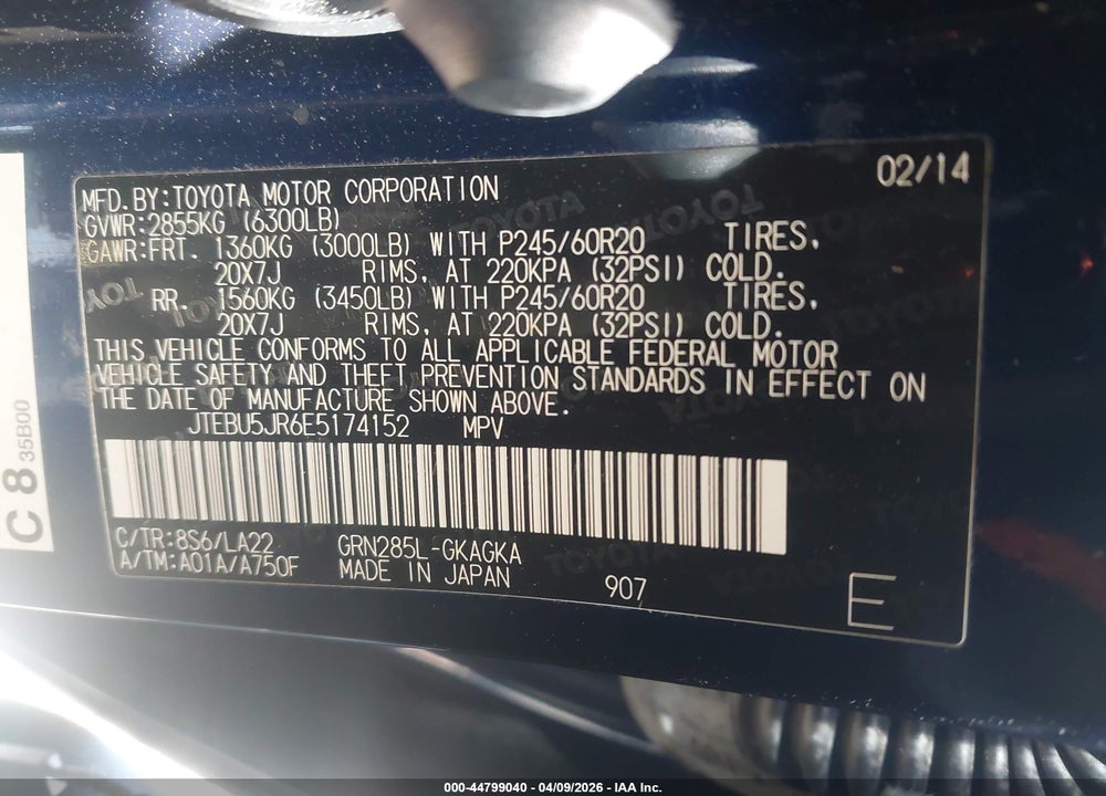 2014 TOYOTA 4RUNNER LIMITED VIN: JTEBU5JR6E5174152