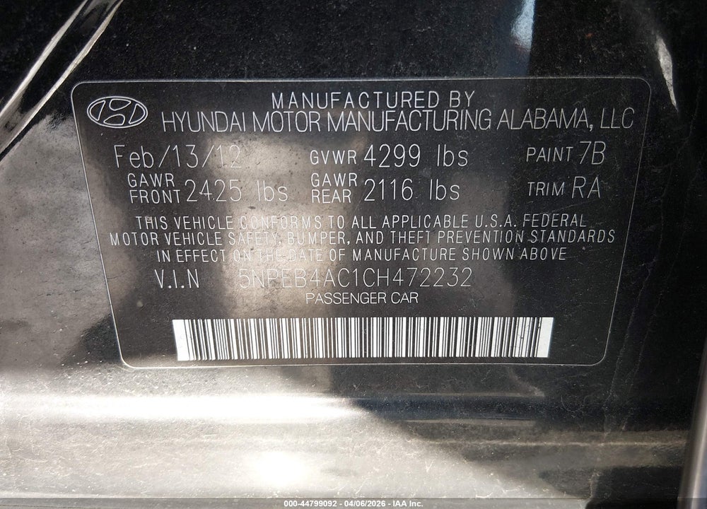 2012 HYUNDAI SONATA GLS VIN: 5NPEB4AC1CH472232