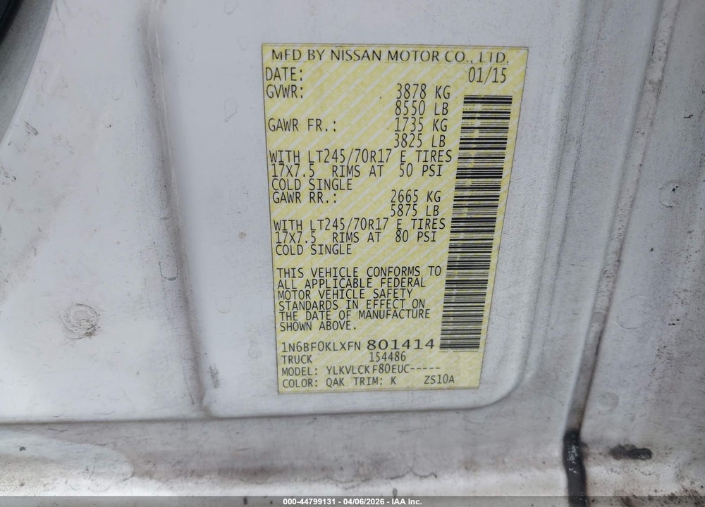 2015 NISSAN NV CARGO NV1500 S V6 VIN: 1N6BF0KLXFN801414