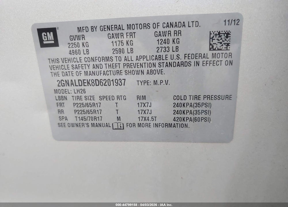 2013 CHEVROLET EQUINOX 1LT VIN: 2GNALDEK8D6201937