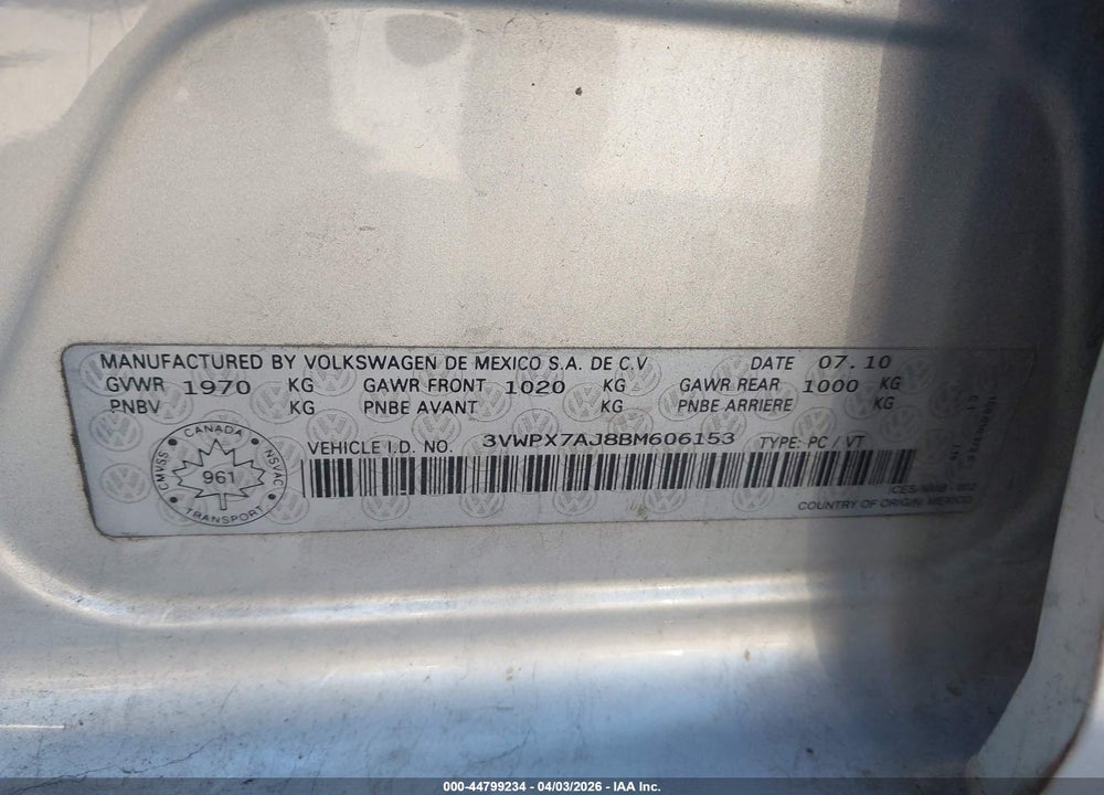 2011 VOLKSWAGEN JETTA SPORTWAGEN 2.5L S/2.5L SE VIN: 3VWPX7AJ8BM606153
