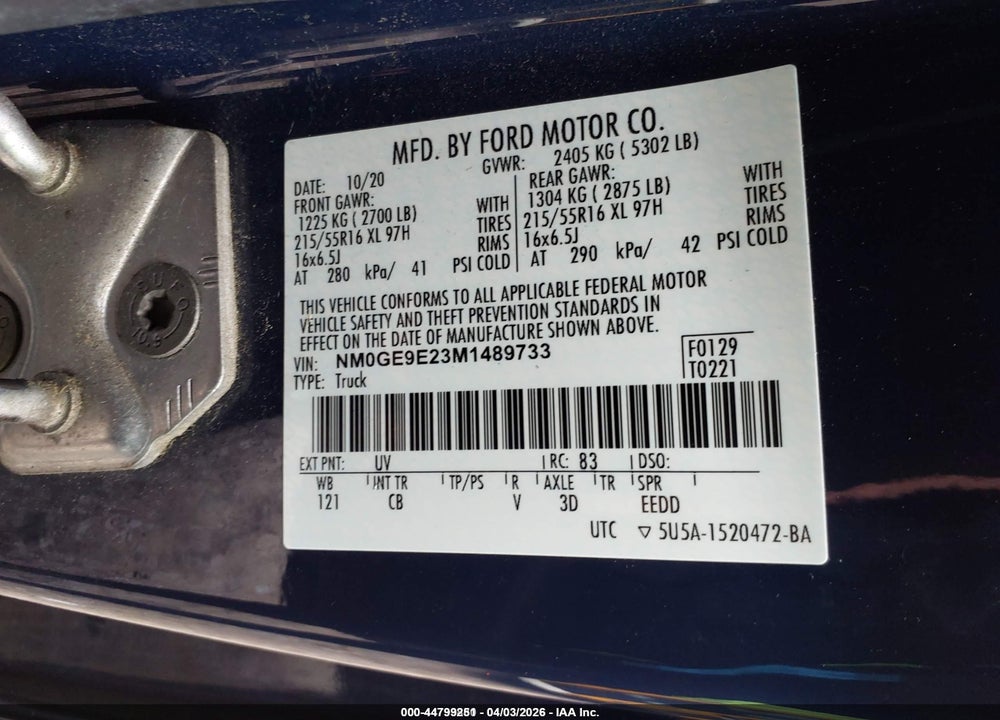 2021 FORD TRANSIT CONNECT XL PASSENGER VIN: NM0GE9E23M1489733