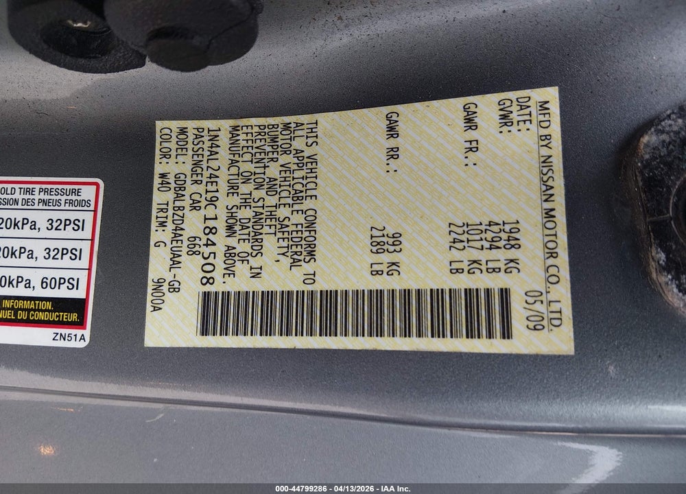 2009 NISSAN ALTIMA 2.5 S VIN: 1N4AL24E19C184508