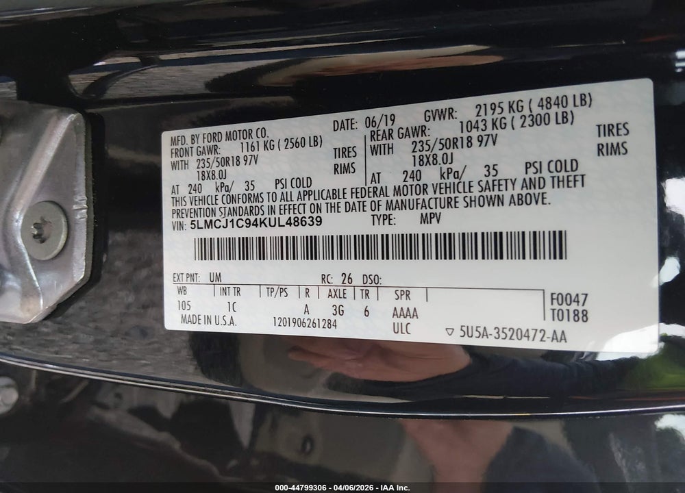 2019 LINCOLN MKC STANDARD VIN: 5LMCJ1C94KUL48639