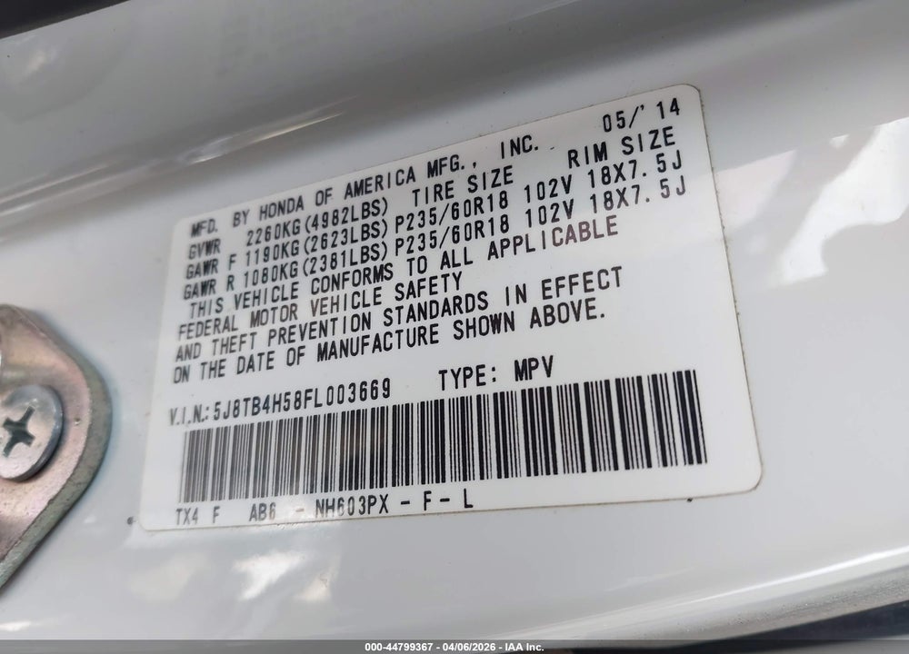 2015 ACURA RDX VIN: 5J8TB4H58FL003669