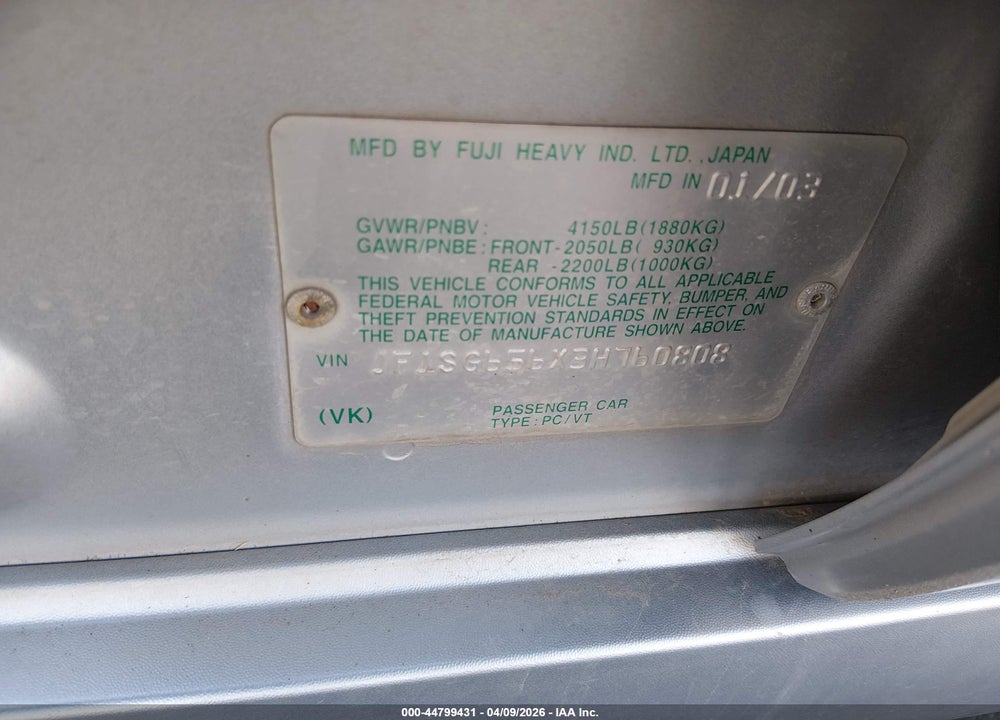 2003 SUBARU FORESTER XS VIN: JF1SG656X3H760808