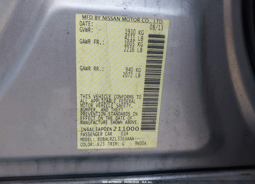 2014 NISSAN ALTIMA 2.5 S VIN: 1N4AL3AP0EN211000