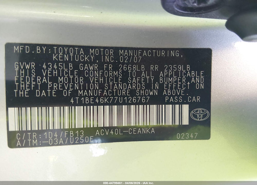 2007 TOYOTA CAMRY LE VIN: 4T1BE46K77U126767