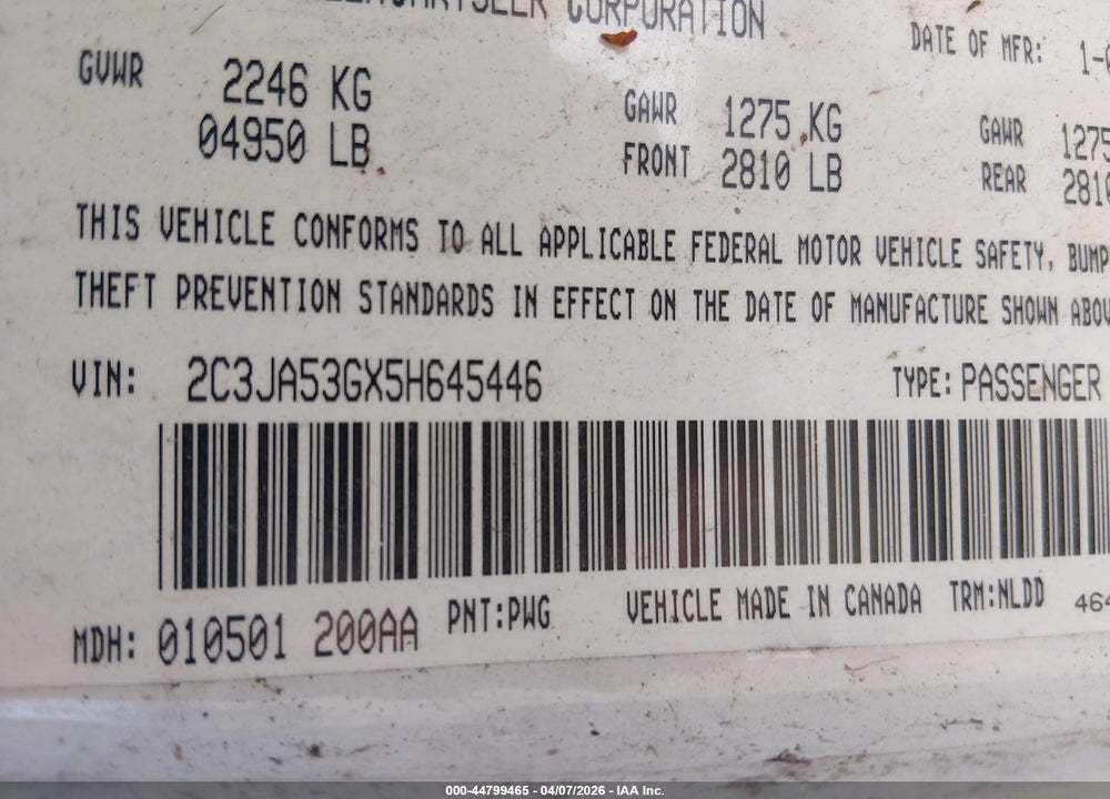 2005 CHRYSLER 300 TOURING VIN: 2C3JA53GX5H645446