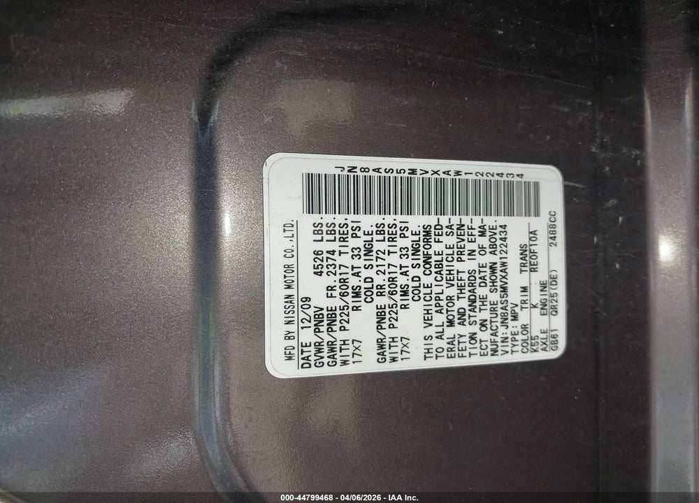 2010 NISSAN ROGUE SL VIN: JN8AS5MVXAW122434