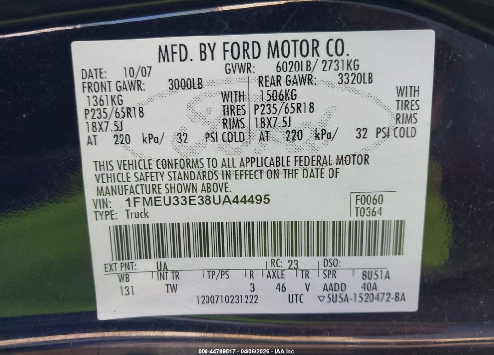 2008 FORD EXPLORER SPORT TRAC LIMITED VIN: 1FMEU33E38UA44495