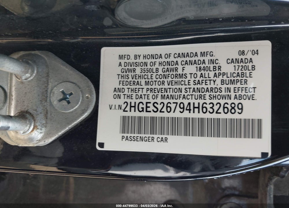 2004 HONDA CIVIC EX VIN: 2HGES26794H632689