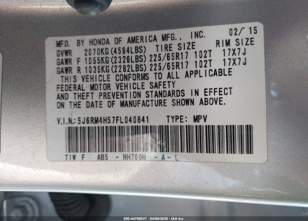 2015 HONDA CR-V EX VIN: 5J6RM4H57FL040841