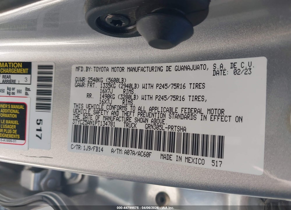 2023 TOYOTA TACOMA VIN: 3TYCZ5AN1PT134781