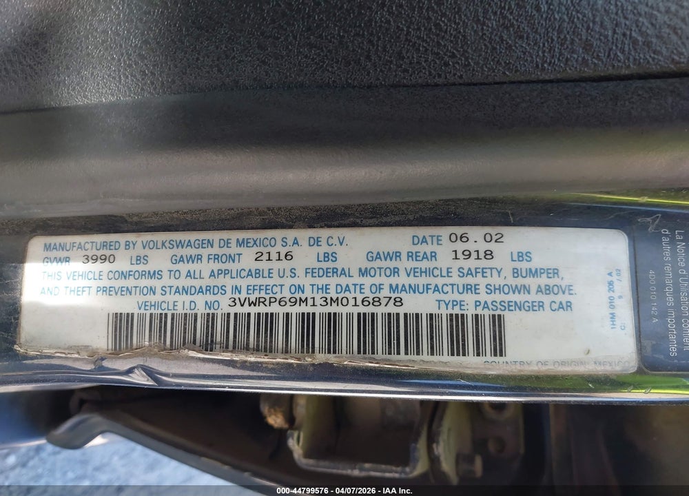2003 VOLKSWAGEN JETTA GL TDI VIN: 3VWRP69M13M016878