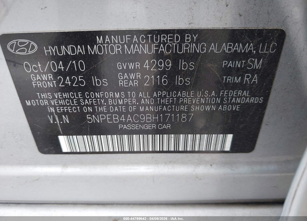 2011 HYUNDAI SONATA GLS PZEV VIN: 5NPEB4AC9BH171187