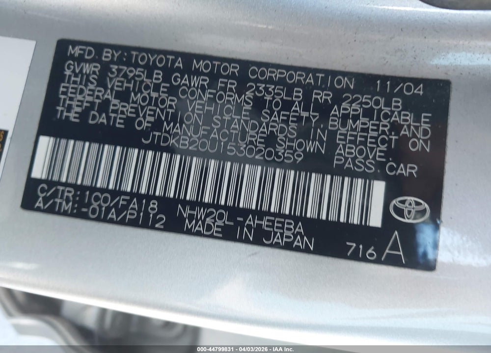 2005 TOYOTA PRIUS VIN: JTDKB20U153020359