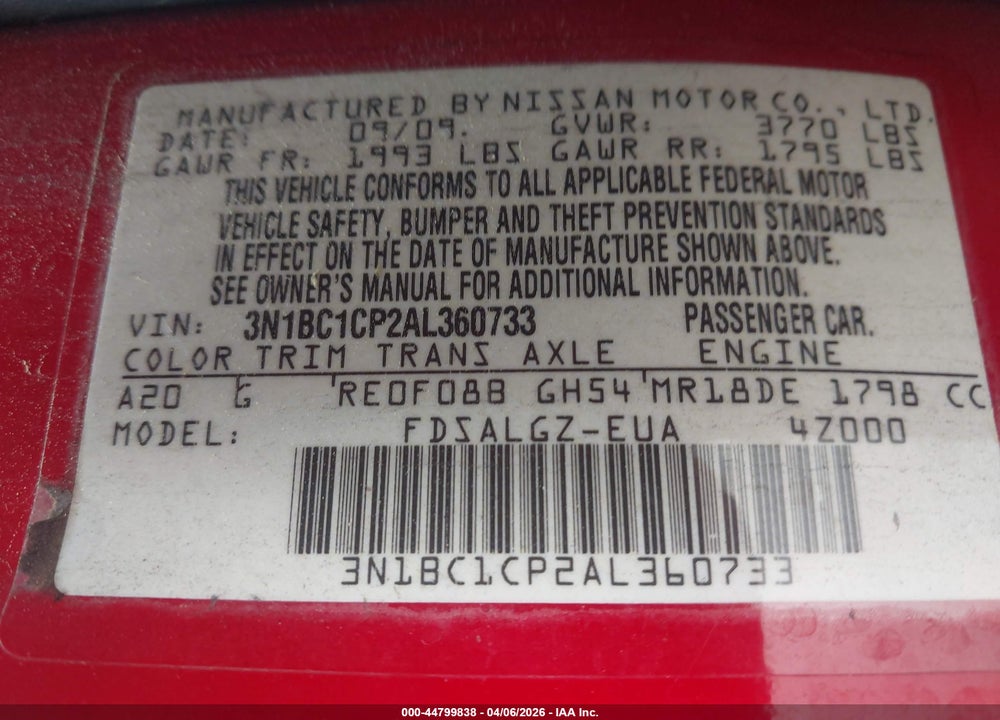 2010 NISSAN VERSA 1.8SL VIN: 3N1BC1CP2AL360733