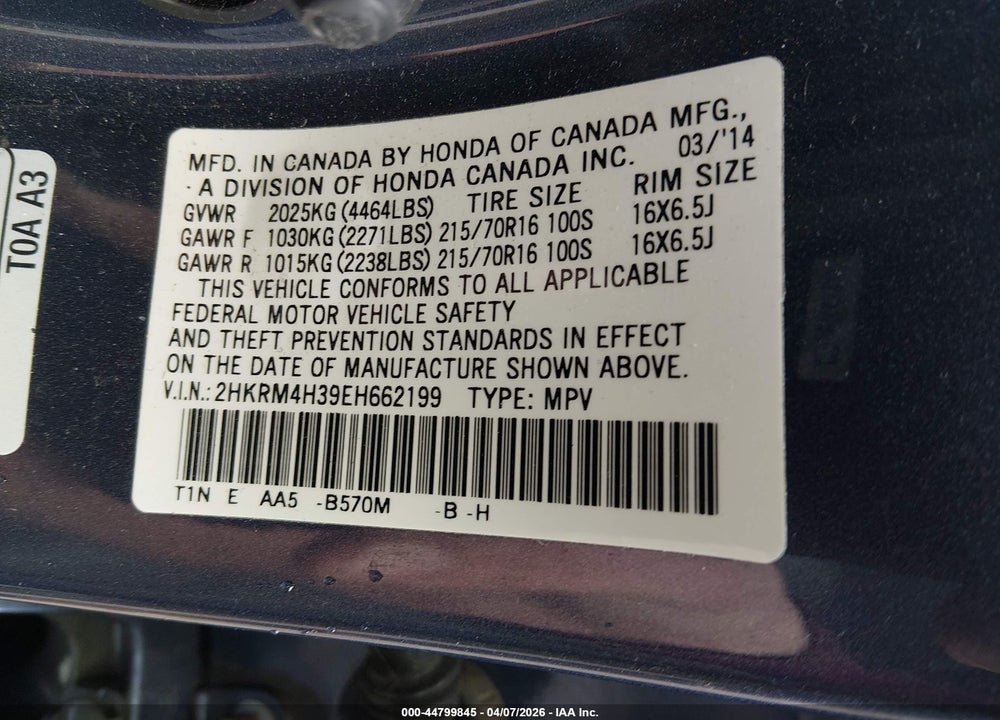 2014 HONDA CR-V LX VIN: 2HKRM4H39EH662199