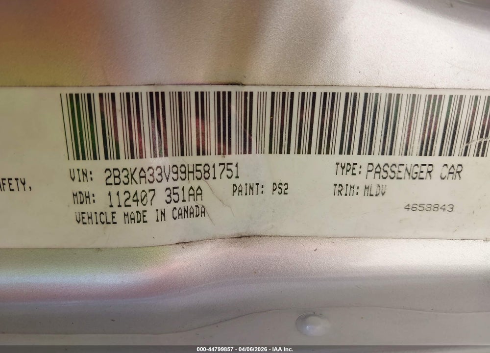 2009 DODGE CHARGER SXT VIN: 2B3KA33V99H581751