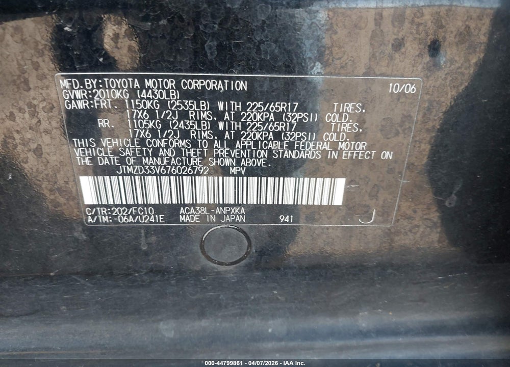 2007 TOYOTA RAV4 VIN: JTMZD33V676026792