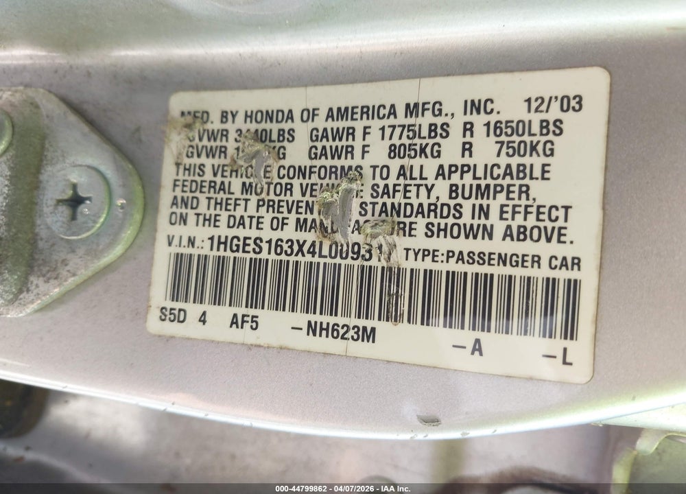 2004 HONDA CIVIC VP VIN: 1HGES163X4L009317