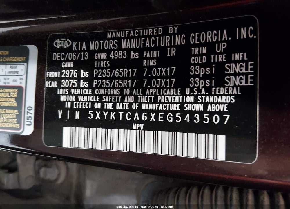 2014 KIA SORENTO LX VIN: 5XYKTCA6XEG543507