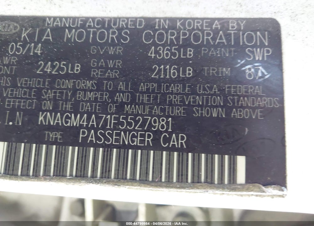 2015 KIA OPTIMA LX VIN: KNAGM4A71F5527981