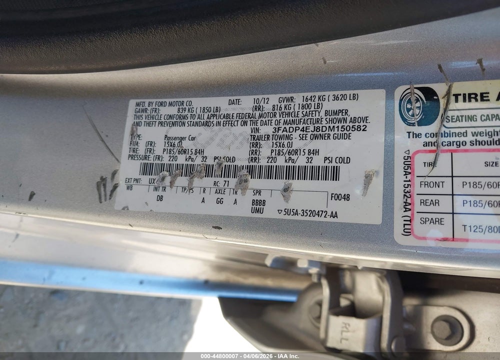2013 FORD FIESTA SE VIN: 3FADP4EJ8DM150582