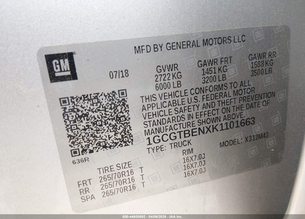 2019 CHEVROLET COLORADO WT VIN: 1GCGTBENXK1101663