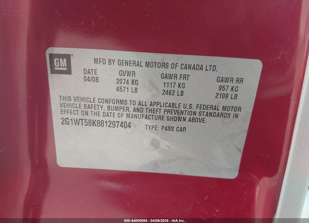 2008 CHEVROLET IMPALA LT VIN: 2G1WT58K881297404