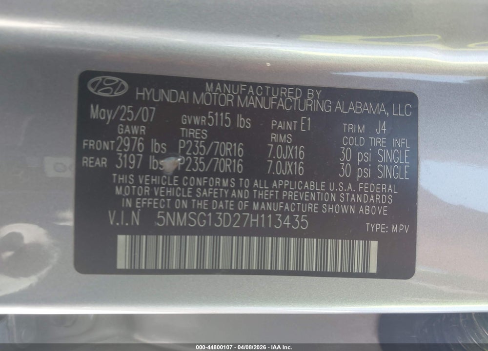 2007 HYUNDAI SANTA FE GLS VIN: 5NMSG13D27H113435
