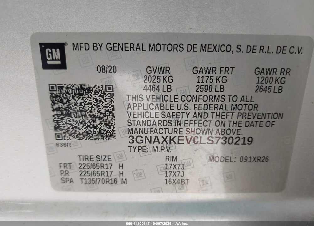 2020 CHEVROLET EQUINOX FWD LT 1.5L TURBO VIN: 3GNAXKEV0LS730219