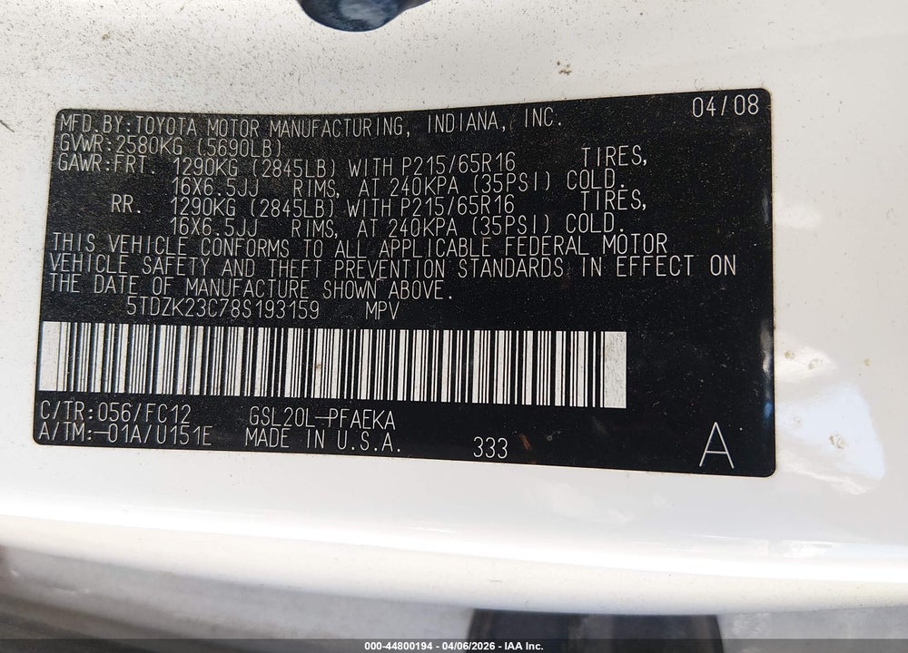 2008 TOYOTA SIENNA LE VIN: 5TDZK23C78S193159