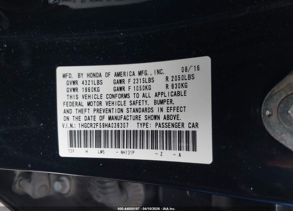 2017 HONDA ACCORD SPORT VIN: 1HGCR2F59HA039307
