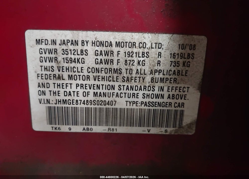 2009 HONDA FIT SPORT VIN: JHMGE87489S020407