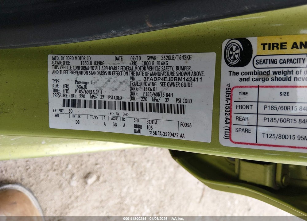 2011 FORD FIESTA SE VIN: 3FADP4EJ0BM142411