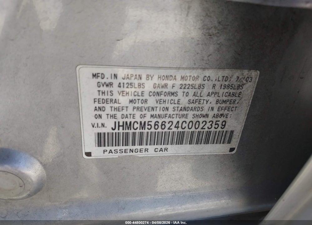2004 HONDA ACCORD 2.4 EX VIN: JHMCM56624C002359