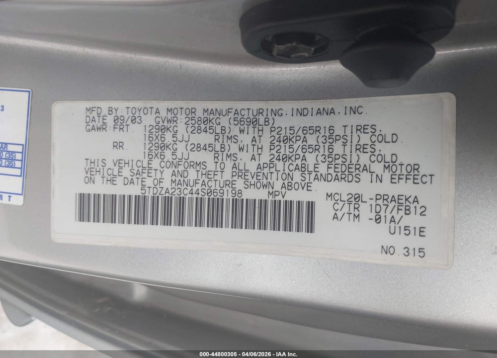 2004 TOYOTA SIENNA LE VIN: 5TDZA23C44S069198