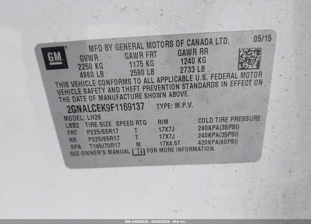 2015 CHEVROLET EQUINOX 2LT VIN: 2GNALCEK9F1169137