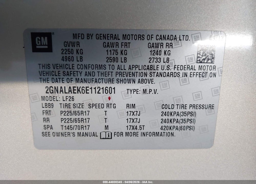 2014 CHEVROLET EQUINOX LS VIN: 2GNALAEK6E1121601
