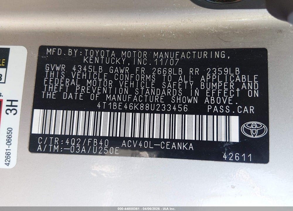 2008 TOYOTA CAMRY LE VIN: 4T1BE46K88U233456