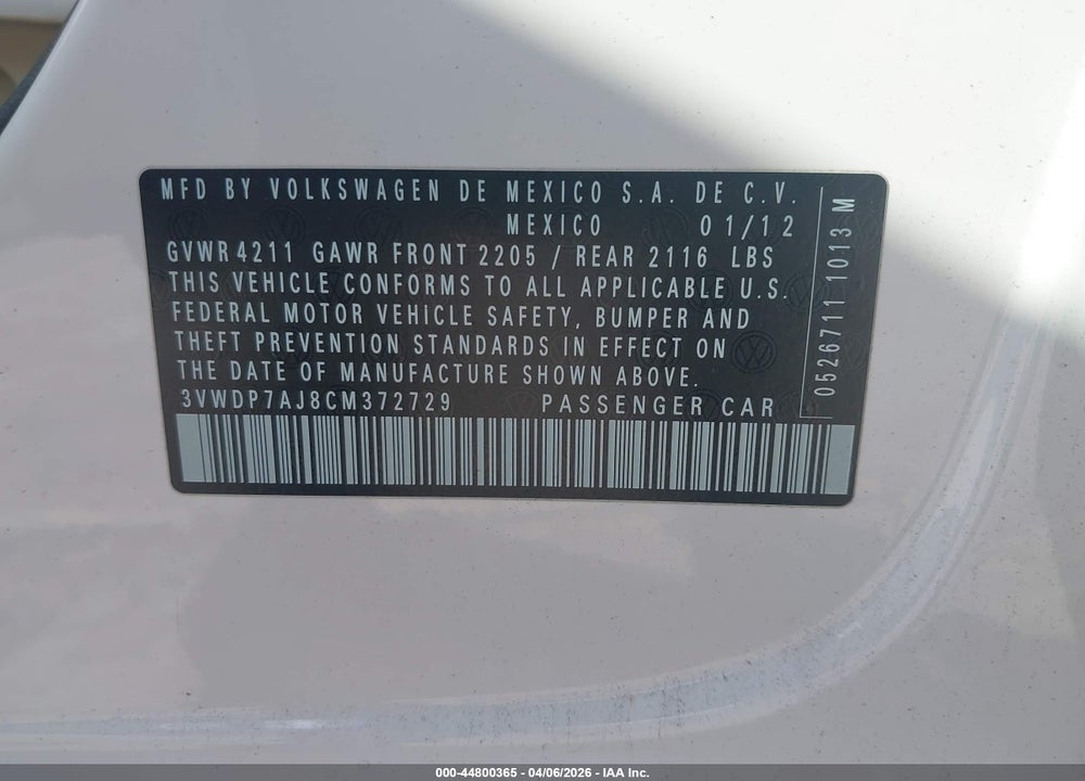 2012 VOLKSWAGEN JETTA 2.5L SE VIN: 3VWDP7AJ8CM372729