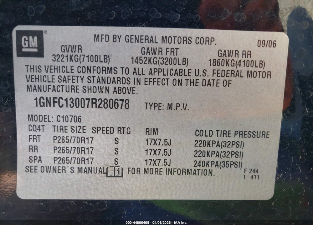 2007 CHEVROLET TAHOE LT VIN: 1GNFC13007R280678