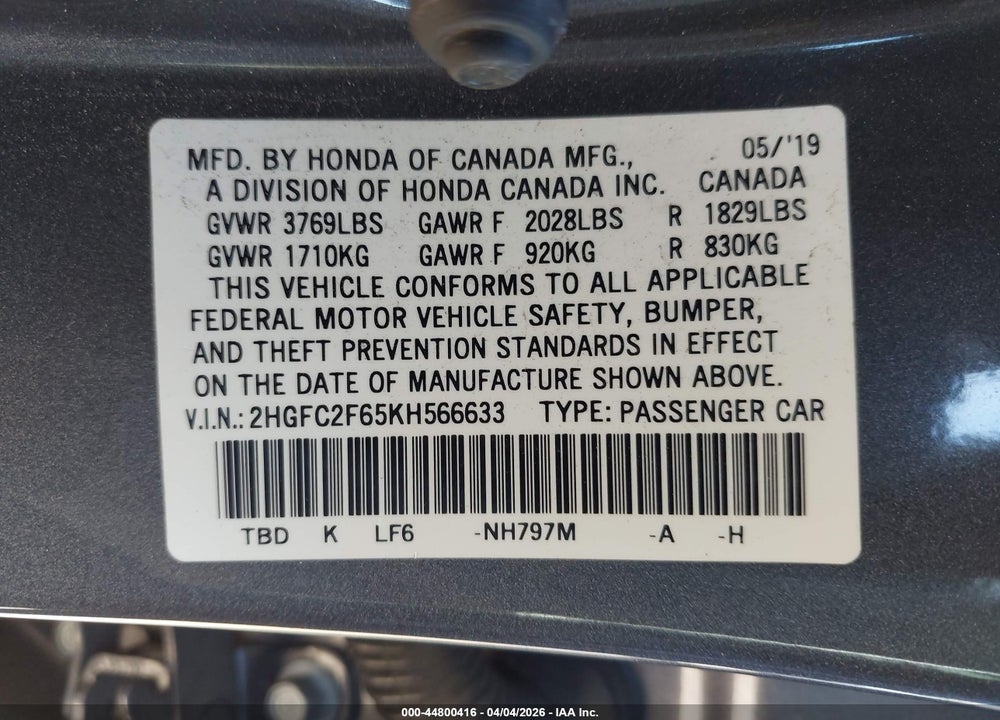 2019 HONDA CIVIC LX VIN: 2HGFC2F65KH566633